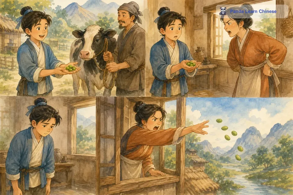 有一天，杰克用家里仅有的一头奶牛换来了几颗神奇的豆子。妈妈知道后非常生气，她觉得杰克做了一件蠢事，把家里唯一值钱的东西换了几颗看起来普通的豆子，一气之下把豆子扔出了窗外。