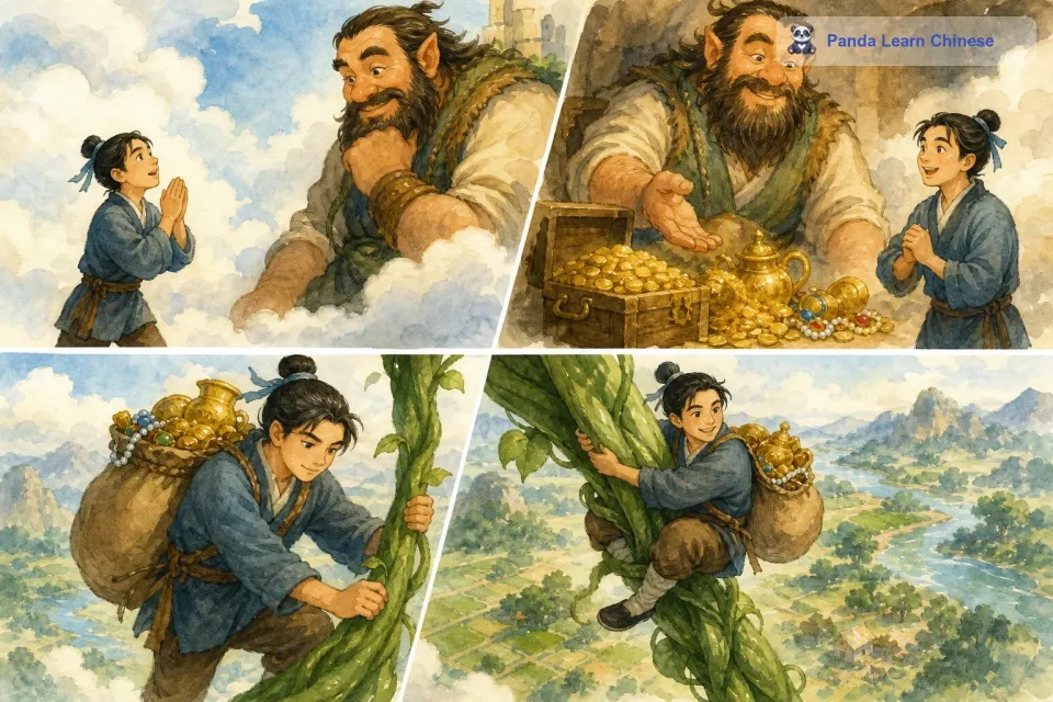杰克想到自己和母亲贫苦的生活，他请求巨人送他一些财宝。巨人很慷慨地答应了。杰克带着财宝顺着豆茎滑了下去。