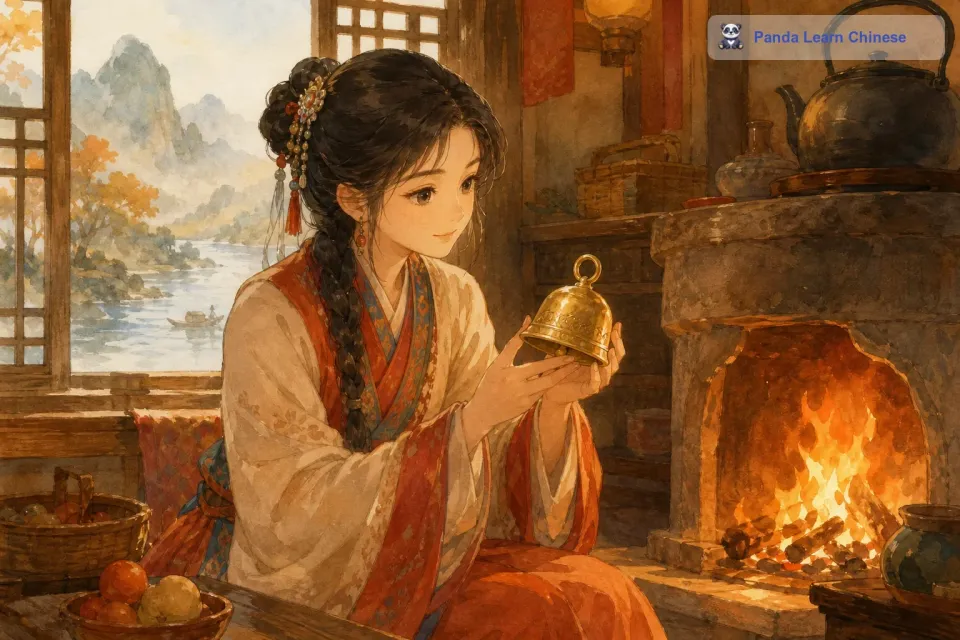 娜塔莎把铃铛带回了家，她坐在温暖的火炉边，仔细地端详着这个铃铛。她心想，这个铃铛会不会有什么特殊的能力呢？