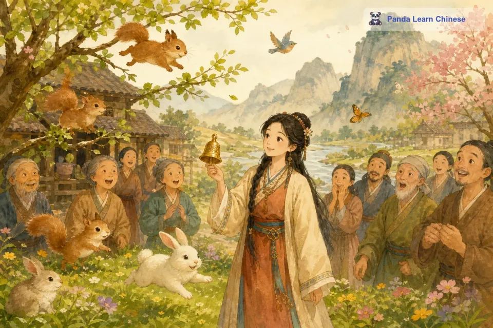 小动物们也从冬眠中苏醒过来，小松鼠在树上跳来跳去，小兔子在草地上欢快地奔跑。村民们听到铃铛声，纷纷走出家门，他们被眼前的景象惊呆了。大家都围着娜塔莎，称赞她找到了一个神奇的魔法铃铛。