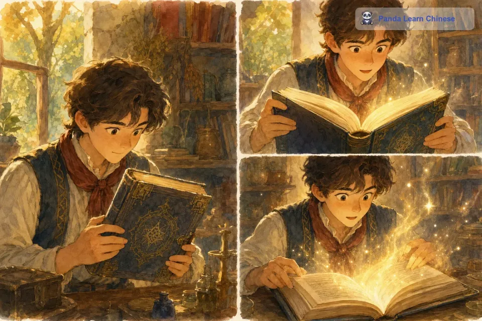 书的封皮上有着奇怪的符号和精美的图案，皮埃尔从来没见过这样的书，他好奇地打开了它。刚一翻开，一道柔和的光芒从书页中散发出来，他惊讶地发现这是一本魔法书，上面写着只要在心中默念愿望，就能实现。