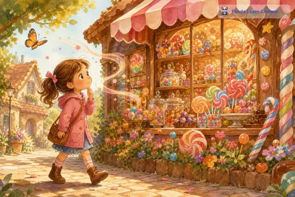 有一天，一个名叫露西的小女孩路过这家店。她被店门口那些五颜六色、闪闪发光的糖果装饰吸引住了。她的眼睛里满是好奇，小鼻子不停地嗅着那甜美的香气。