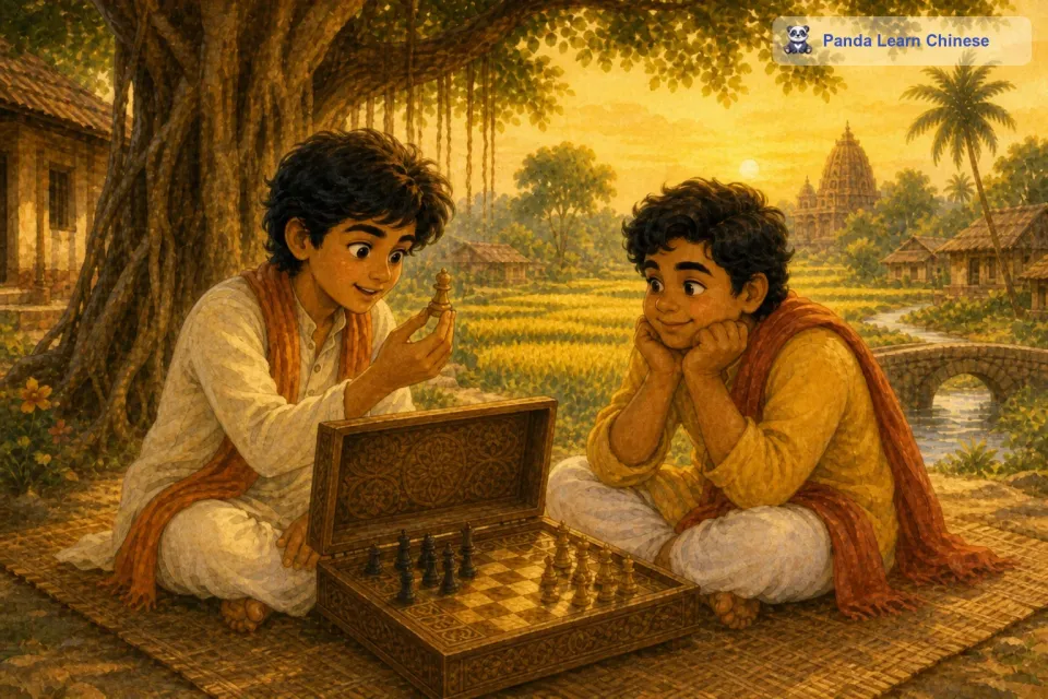 拉朱好奇地拿起一个棋子，他发现这个棋子在手中有着一种奇特的触感，好像有一股小小的力量在牵引着他的手指。希姆在一旁看着，眼睛里充满了期待。拉朱说：“希姆，我们来下一盘棋吧，这个棋盘看起来很有趣呢。希姆高兴地答应了。