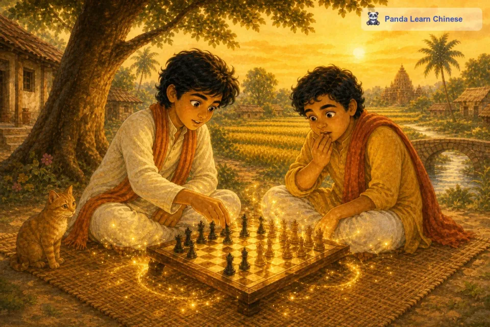 突然，棋盘上的光影开始闪烁起来，好像在回应他们激烈的棋局。拉朱和希姆都感到十分惊讶，但他们并没有停止下棋。他们知道，这个神奇的棋盘正在考验他们的战略思维。