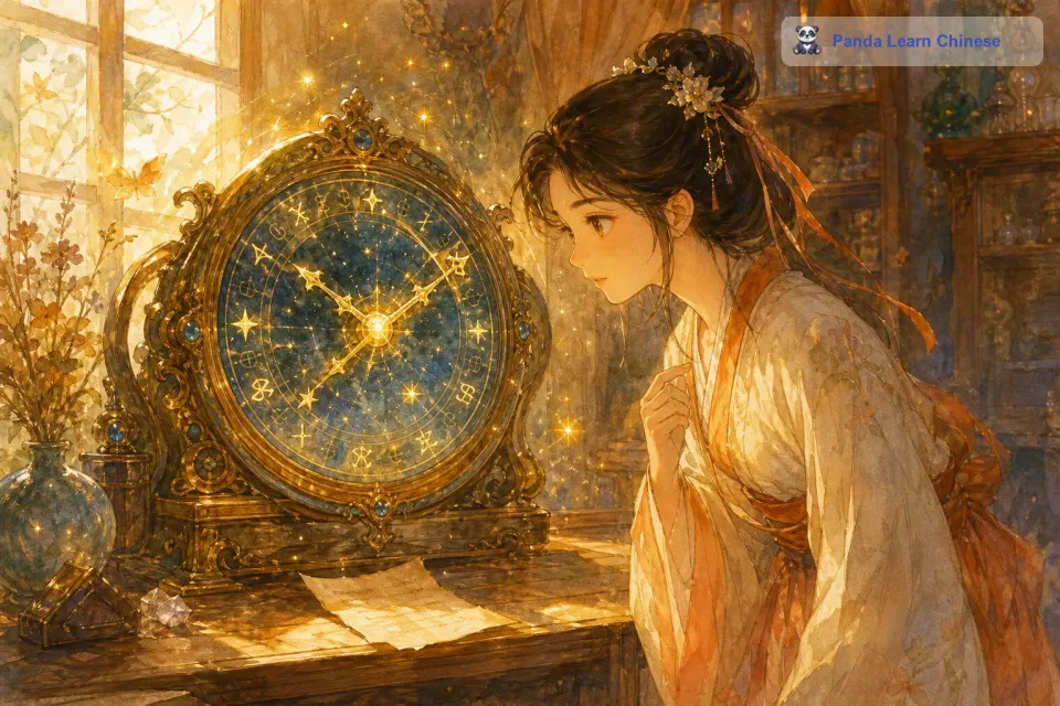 这个钟表的指针看起来就像是用星星的碎片做成的，表盘上刻满了奇怪的符号，周围散发着神秘的光芒。露西好奇地走近这个钟表，发现钟表的旁边有一张小纸条，上面写着：“这是一个魔法钟表，它能改变时间，但使用需谨慎。