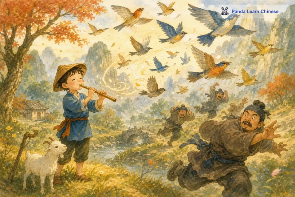 汉斯继续吹奏魔笛，这次的旋律充满了欢快和希望。在魔笛的召唤下，天空中飞来许多美丽的鸟儿，鸟儿们用它们的力量将地主的手下们驱赶走了。汉斯终于保住了魔笛。