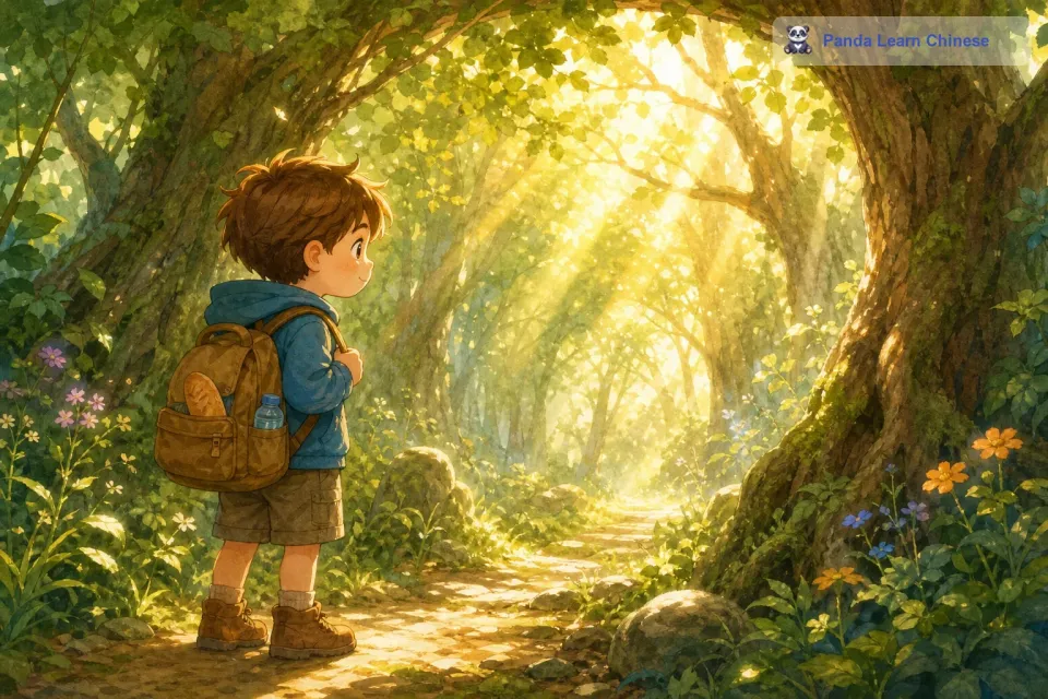 于是，他下定决心要去探索这片神秘的森林。汤姆背着他的小背包，里面装着一些面包和水，踏上了通往魔法森林的小路。当他站在森林入口时，阳光透过树叶的缝隙洒下来，就像无数金色的丝线，他既兴奋又有些害怕，但一想到那些神奇的传说，他的眼神就变得坚定起来。