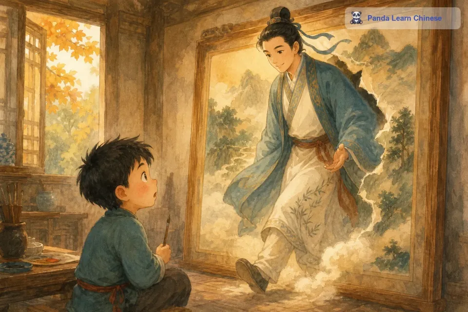 小明瞪大了眼睛，不敢相信自己看到的一切。那个画中的人物一步一步地走出了画框，就像从另一个世界来到了现实中一样。他微笑着向小明点了点头，小明惊讶得说不出话来。