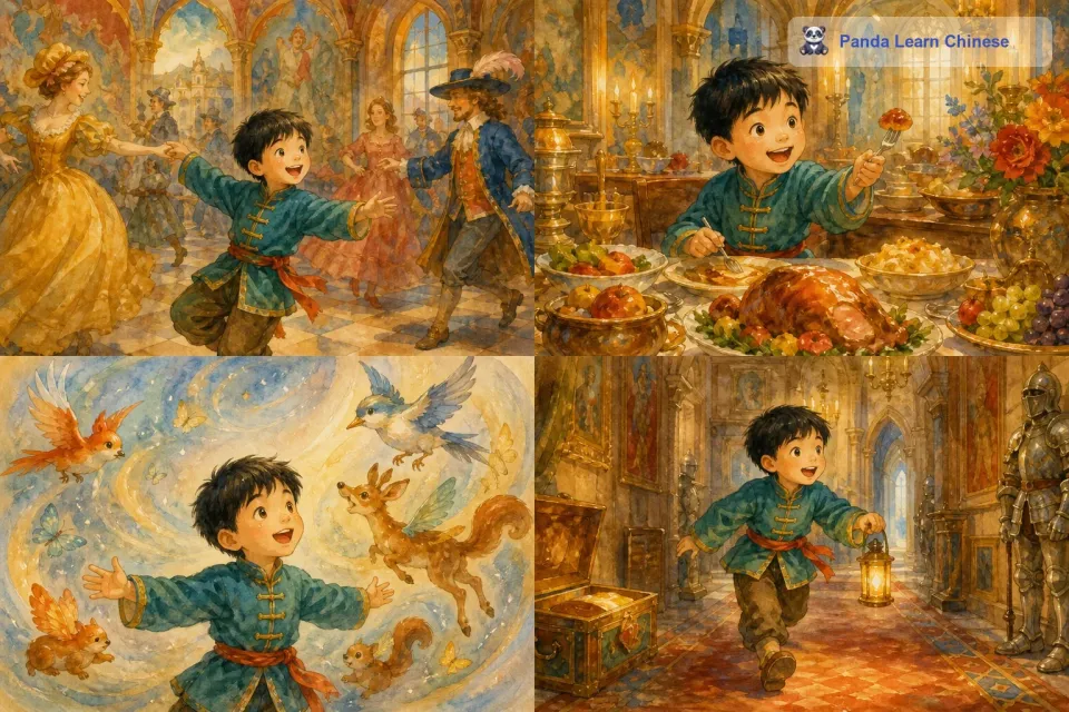 在画里的世界里，小明经历了许多奇妙的事情。他和画中的人们一起跳舞，品尝了那些看起来特别美味的食物。他还看到了一些会飞的小动物，它们围绕着他飞舞，像是在欢迎他的到来。他在城堡的走廊里奔跑，探索着每一个角落，发现了很多隐藏的小秘密。这里的一切都充满了生机和活力，就像一个真实而又梦幻的世界。