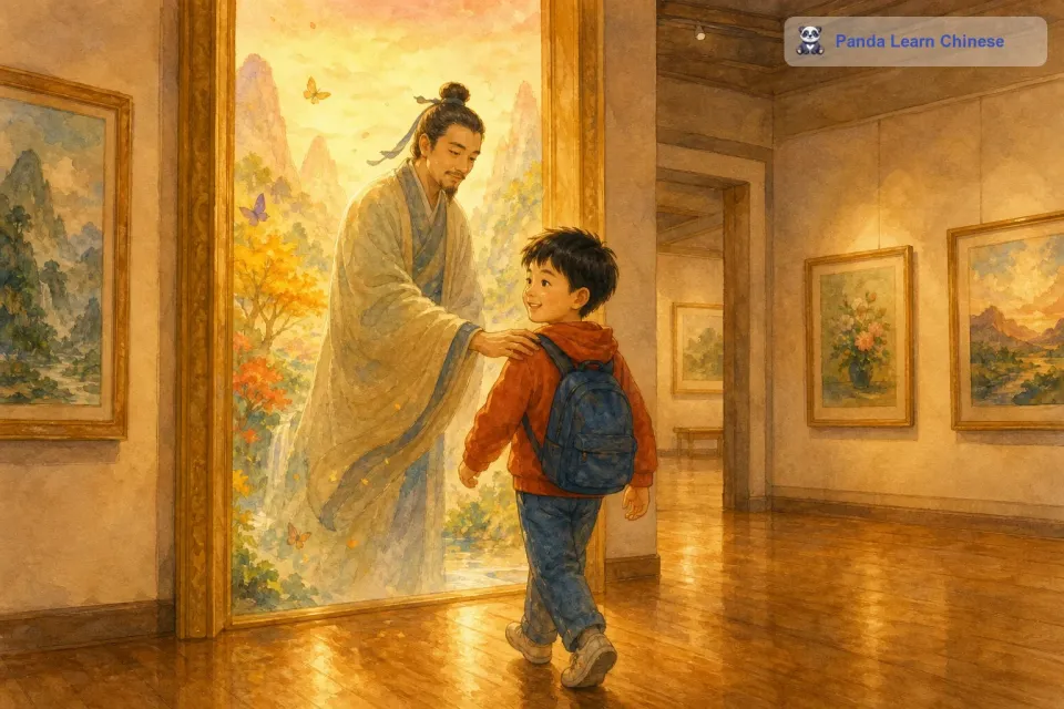 可是，时间过得很快，小明知道自己该回家了。画中的人带着他回到了画框前，小明有些不舍地走出了画框。当他回到画廊的时候，他发现一切又恢复了原来的样子，那些画看起来还是静静地挂在墙上。但是他知道，自己刚刚经历了一场无比奇妙的冒险。他带着满心的欢喜和对魔法画廊的敬畏离开了画廊，他知道，这个神奇的地方会永远留在他的记忆里。