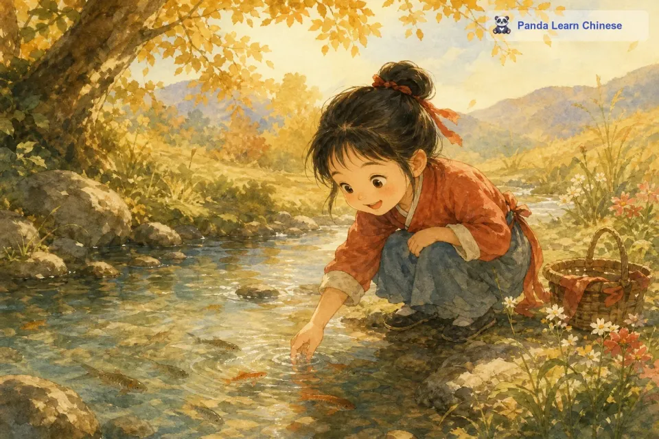 小莉蹲在溪边，把手伸进水里，那些小鱼一点也不怕她，还围着她的手指游来游去。小莉玩得正开心的时候，突然听到了一个声音：“你好呀，小莉。小莉吓了一跳，四处张望，却看不到任何人。是谁在说话？
