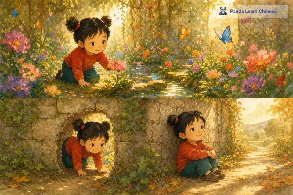 小莉点了点头，说：“我知道了，这个花园太美丽了，我会保守秘密的。小莉在花园里又玩了一会儿，然后沿着进来的路，从那个小洞里钻了出去。从那以后，小莉经常会来到花园的围墙外，回忆在花园里的美好时光。
