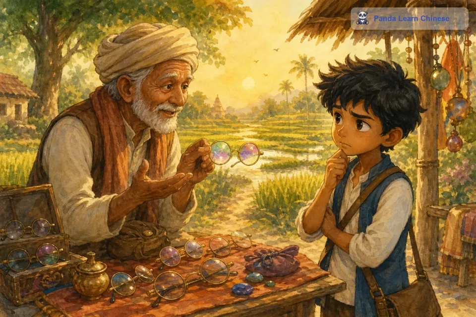 摊主是一个满脸皱纹的老人，他说：“孩子，这副眼镜可以让你看到别人内心的善良。拉杰半信半疑地买下了这副眼镜。