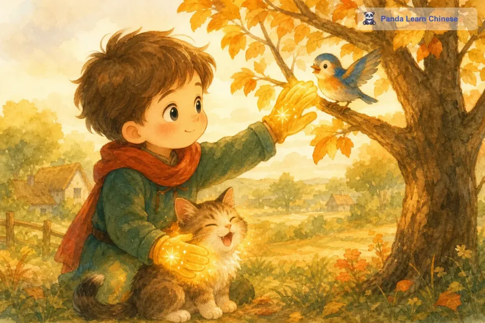 小猫原本冰冷的身体渐渐暖和起来，它喵呜喵呜地叫着，似乎在感谢卢卡。卢卡又看到了树上的小鸟，小鸟的羽毛被冻得僵硬，他就伸手去摸小鸟站着的树枝，树枝暖和了，小鸟也欢快起来。