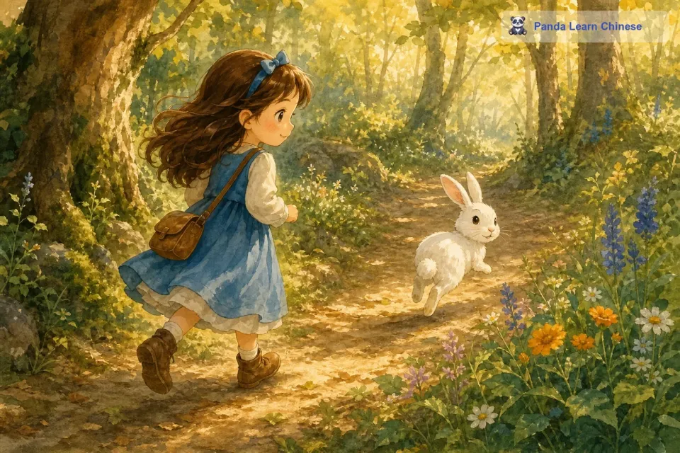 莉莉心想，小兔子也许知道路呢，于是她跟着小兔子。小兔子似乎知道莉莉在跟着它，它不时地回头看看莉莉，然后继续向前跳去。