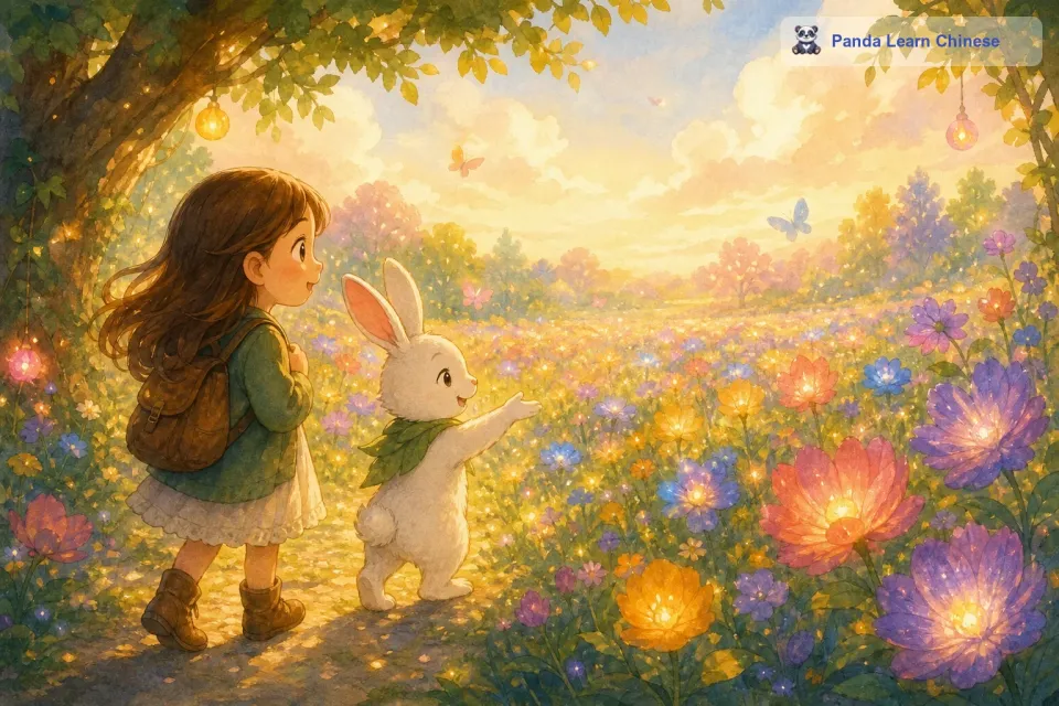 不久后，小兔子带着莉莉来到了一片开阔的草地前。这片草地和莉莉以前见过的草地都不一样，草地上开满了五颜六色的花朵，每一朵都散发着柔和的光芒。微风拂过，花朵轻轻摇曳，仿佛在欢迎莉莉的到来。