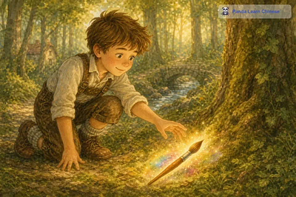 有一天，汉斯在森林里玩耍的时候，发现了一支闪闪发光的画笔。他好奇地捡起这支画笔，心想：这会不会就是自己一直梦想的那支魔法画笔呢？
