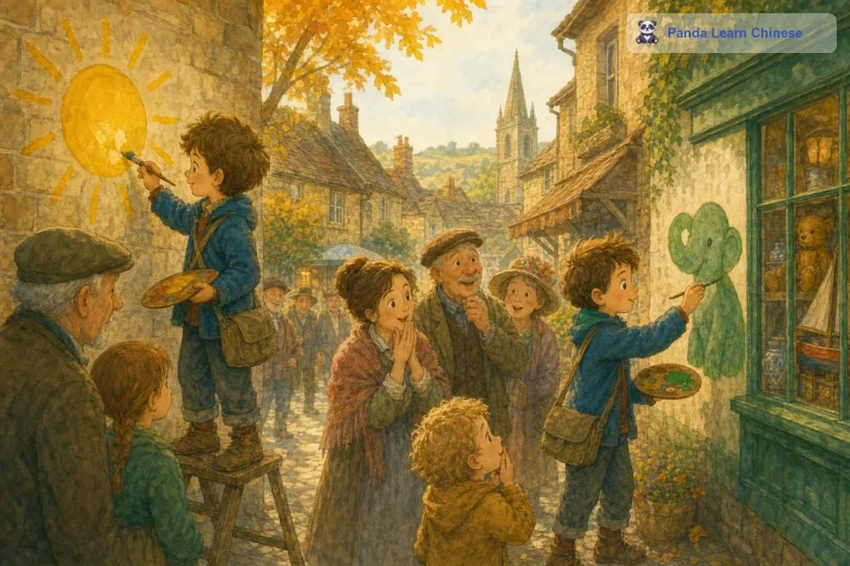 汤姆离开了花园，来到了小镇的街道上。小镇的街道上有很多古老的房屋，这些房屋的颜色都非常单调。汤姆想要让这些房屋变得更加漂亮，于是他又拿起了调色盘。他把黄色的颜料涂在了一家面包店的墙上，面包店瞬间变得像太阳一样明亮；他把绿色的颜料涂在了一家杂货店的墙上，杂货店看起来就像一片绿色的森林。小镇上的居民们看到汤姆的魔法，都纷纷围了过来，他们惊讶地看着汤姆，眼中充满了好奇和惊喜。