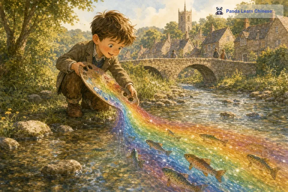 汤姆继续他的魔法之旅，他来到了小镇的河边。河水清澈见底，但是颜色有些单调。汤姆想要让河水变得像彩虹一样美丽。他拿起调色盘，把各种颜色的颜料都倒入了河水中。瞬间，河水变得五彩斑斓，就像一条流动的彩虹。河里的鱼儿在彩色的河水中游来游去，它们的鳞片在阳光下闪闪发光，仿佛也在享受着这神奇的变化。