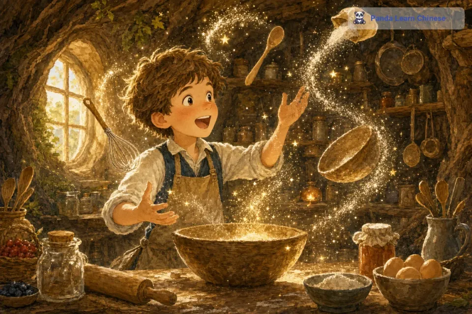 在这个魔法厨房里，各种厨具自己在飞舞，面粉像雪花一样在空中飘动，糖霜像星星一样闪烁。汤姆惊讶地张大了嘴巴，但很快他就兴奋起来，他开始尝试用这里的魔法材料做糕点。他发现这里的每一种材料都蕴含着特殊的魔力，当他把它们混合在一起的时候，会散发出绚丽的光芒。
