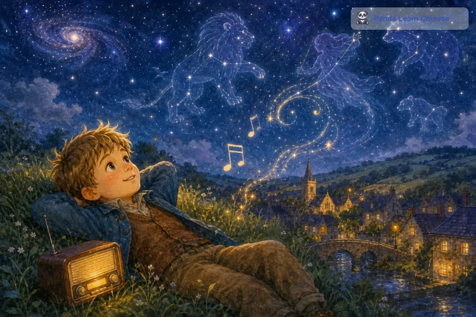 此时，收音机里的声音变得更加清晰、响亮，仿佛星星们知道汤姆来到了户外，正在热情地欢迎他。汤姆望着星空，脑海里浮现出收音机里描述的各种星际景象，他觉得自己离星星们是那么的近，好像伸手就能够触摸到它们。