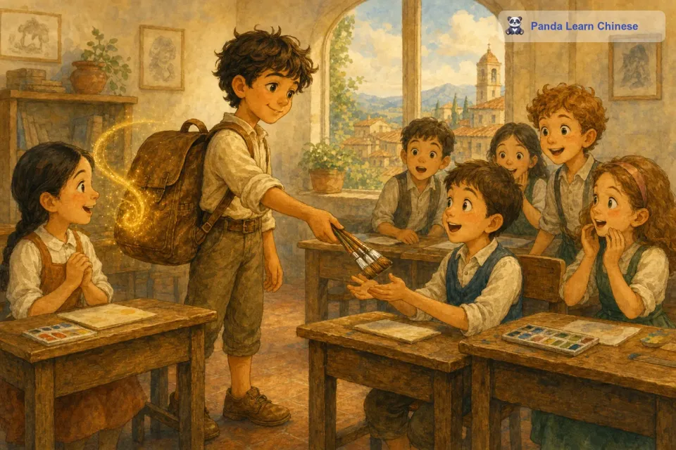 瞬间，一套崭新的画笔就出现在书包里。托尼把画笔递给了那位同学，同学们都惊讶地看着他，他们都很好奇托尼的书包为什么这么神奇。
