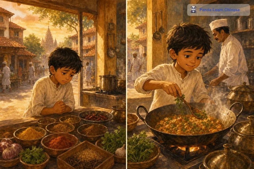 拉朱听着香料精灵的话，心中充满了愧疚。他意识到自己以前对待烹饪的态度是多么的草率。从那以后，拉朱开始认真对待每一种食材和香料。他按照香料精灵教给他的方法，用心去感受每一种香料的独特之处，慢慢地将它们融入到自己的烹饪中。