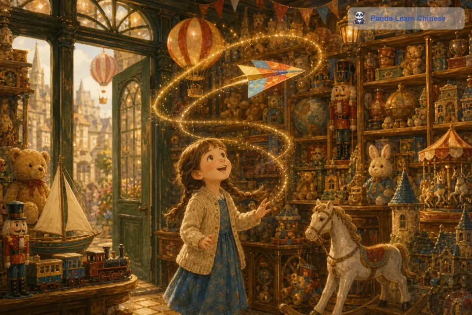 露西对这个魔法玩具店更加好奇了。她在店里四处张望，看到了一个会飞的纸飞机。纸飞机的翅膀闪烁着彩色的光芒，好像随时都会起飞。露西伸手想要摸一摸它，纸飞机竟然真的飞了起来，在她的头顶盘旋。