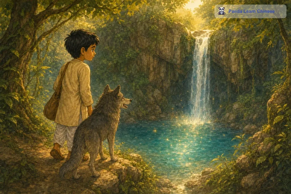 拉朱和小狼成为了朋友，他们一起在森林里探索。小狼带着拉朱找到了一处隐藏的瀑布，瀑布下有一个清澈的小水潭。水潭里的水闪烁着奇异的光芒，仿佛藏着什么秘密。