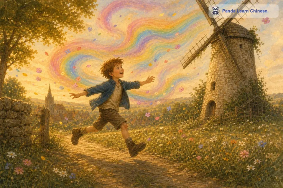 汤姆在彩虹风中欢快地奔跑着，他张开双臂，感受着那神奇的风拂过他的脸庞。风里似乎还带着淡淡的花香，那是一种他从未闻过的美妙香气。汤姆心想，这个风车一定有着神奇的魔力。他决定把这个秘密分享给他的好朋友们。