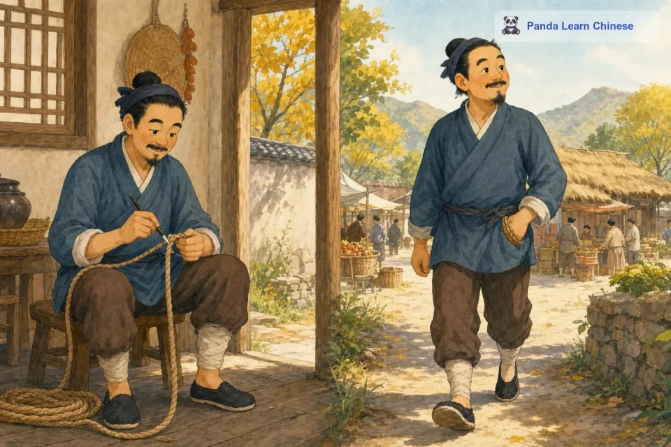 他先坐在家里的凳子上，拿了一根绳子来量自己的脚。他仔仔细细地量着，量完之后，还把绳子的长度做了个记号。然后他就开开心心地把绳子放在口袋里，朝着集市出发了。
