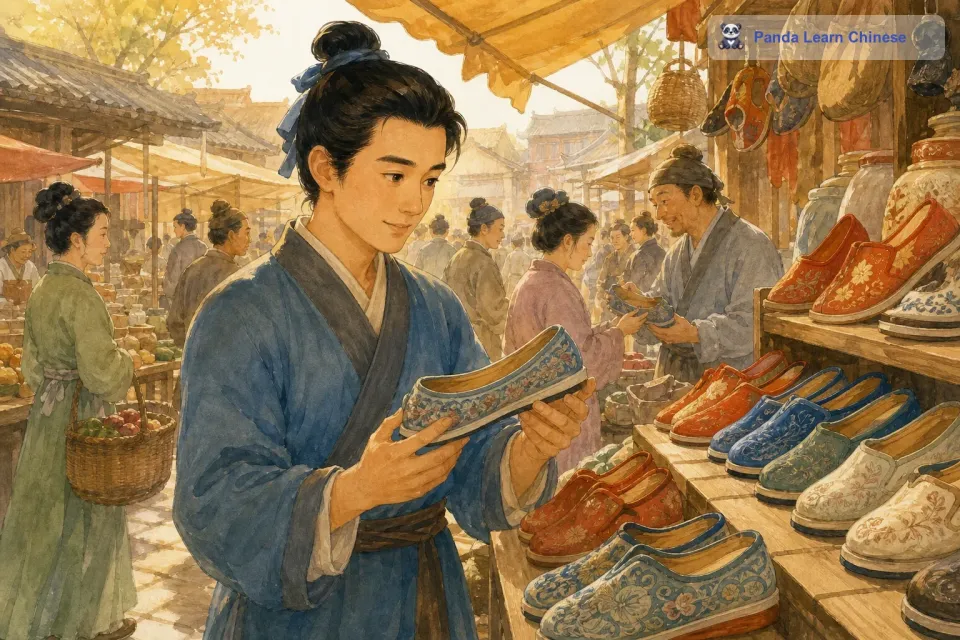 到了集市，集市上可热闹了，到处都是叫卖声。郑国人东看看西看看，终于找到了一家卖鞋的店铺。他在店铺里挑来挑去，看到了好多双漂亮的鞋子。