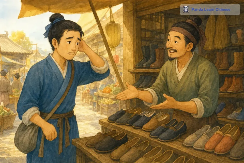 旁边的店家就很奇怪，问他怎么了。他就说自己忘记带量脚的尺码了，得回家去拿。店家就说：“你可以直接用脚试穿呀。
