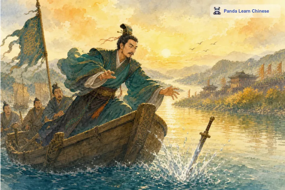 突然，江上起了一阵风，小船摇晃了一下。这个楚国人没有站稳，身子一歪，他心爱的宝剑就“扑通”一声掉进江里去了。