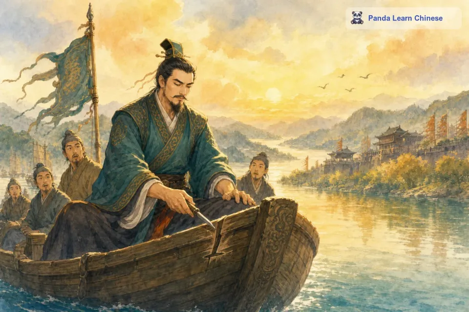 船上的其他人都惊呼起来，可是这个楚国人却不慌不忙。只见他从腰间掏出一把小刀，在宝剑掉进水里的船舷上刻了一个深深的记号。