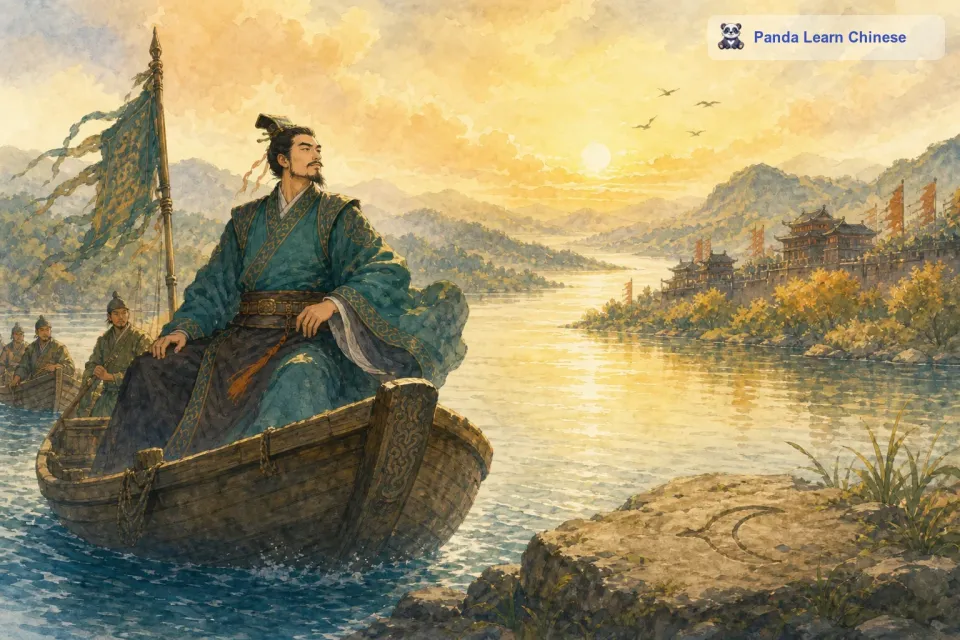 船继续前行，江水不停地流淌着，宝剑早就被江水冲到下游去了。可是这个楚国人呢，还在心里盘算着，等船一靠岸，就按照记号去找宝剑。