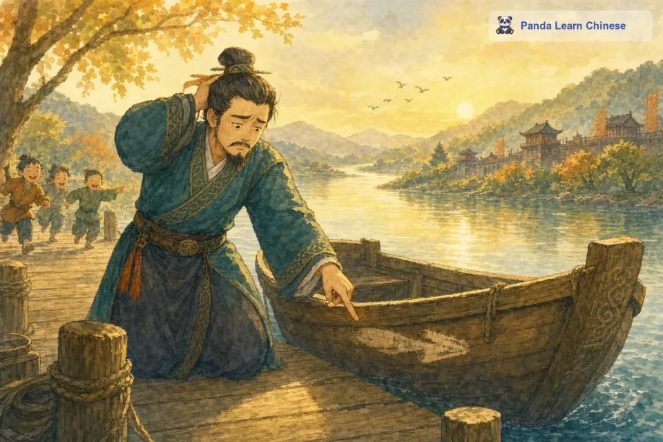 他不知道，江水在流动，船也在移动，他这样按照记号去找宝剑的做法是多么的愚蠢呀。这个故事告诉我们，世界上的事物总是在不断地变化，我们不能用一成不变、死板教条的方法去处理问题。