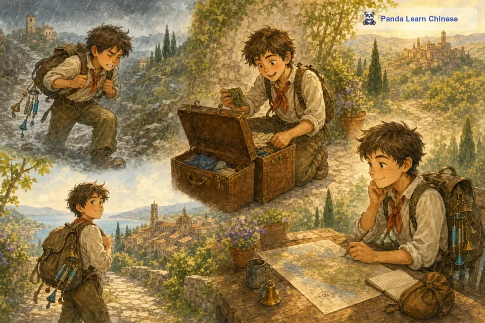 在接下来的旅程中，年轻人遇到了很多困难，但每当他听到风铃的声音，就会充满力量。他顺利地找到了自己的行李，也重新规划好了旅行路线。
