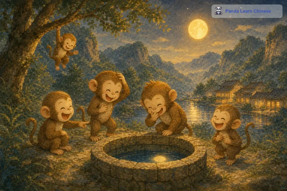 它们这才明白，井里的月亮只是天上月亮的倒影。猴子们你看看我，我看看你，都不好意思地笑了起来。