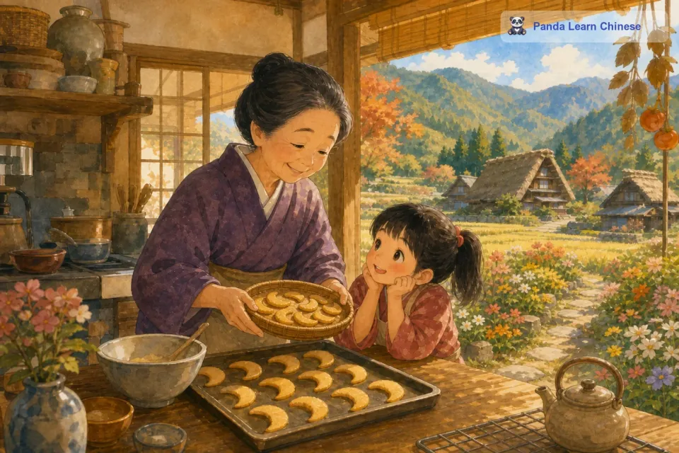 老奶奶的房子周围种满了各种各样的花，在阳光的照耀下，花朵们五颜六色的，美丽极了。她做饼干的小厨房总是弥漫着一股香甜的气息。