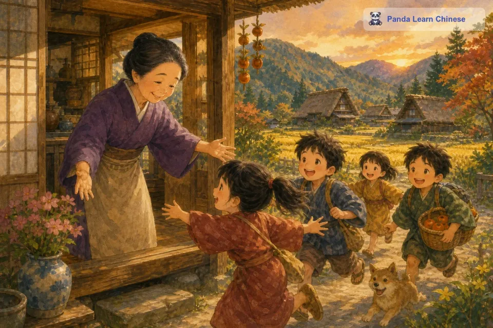 每到傍晚时分，村子里的孩子们就会像一群快乐的小鸟一样，叽叽喳喳地跑到老奶奶的家里。他们知道，这个时候老奶奶肯定又做好了美味的月亮饼干。老奶奶也总是笑眯眯地站在门口迎接孩子们，她那满是皱纹的脸上洋溢着幸福的笑容。