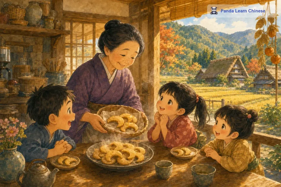 老奶奶把孩子们领进屋子，屋子中间的桌子上放着刚出炉的月亮饼干，还散发着热气呢。孩子们一看到饼干，眼睛都亮了起来，小嘴巴忍不住地开始咽口水。他们围着老奶奶坐了下来，一个个小脸蛋红扑扑的，眼睛里满是期待。