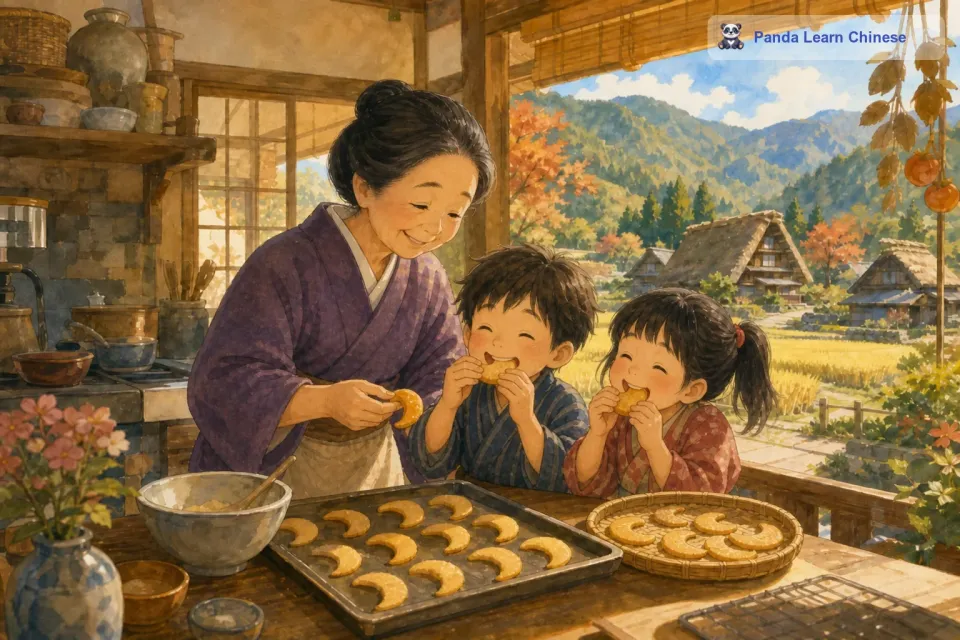 老奶奶笑着说：“小宝贝们，这可是今天新做的月亮饼干哦，快尝尝吧。孩子们迫不及待地伸手拿了一块月亮饼干，小心翼翼地咬了一口。那酥脆的口感和香甜的味道在嘴里散开，孩子们的脸上立刻露出了满足的笑容。