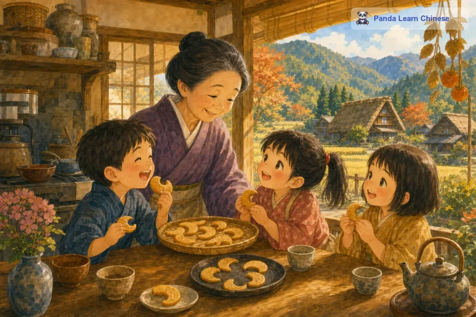 吃完一口后，孩子们开始互相分享起饼干来。他们你递给我一块，我递给你一块，屋子里充满了欢声笑语。一个小男孩说：“老奶奶做的月亮饼干是世界上最好吃的饼干！