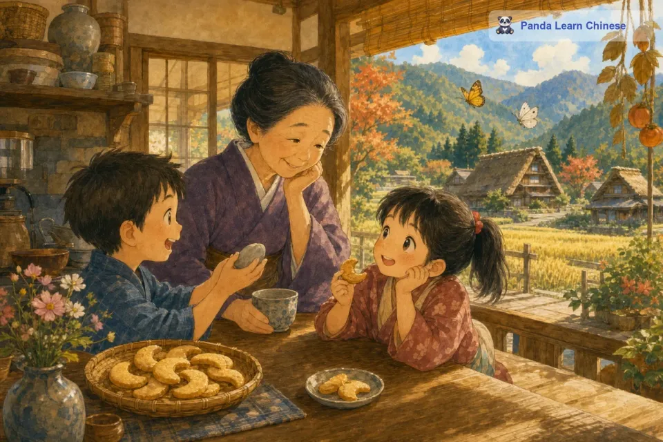 其他孩子也纷纷点头。大家一边吃着饼干，一边谈论着自己今天在村子里遇到的有趣事情。有的孩子说看到了一只特别漂亮的蝴蝶，有的孩子说在河边发现了一块很奇特的石头。