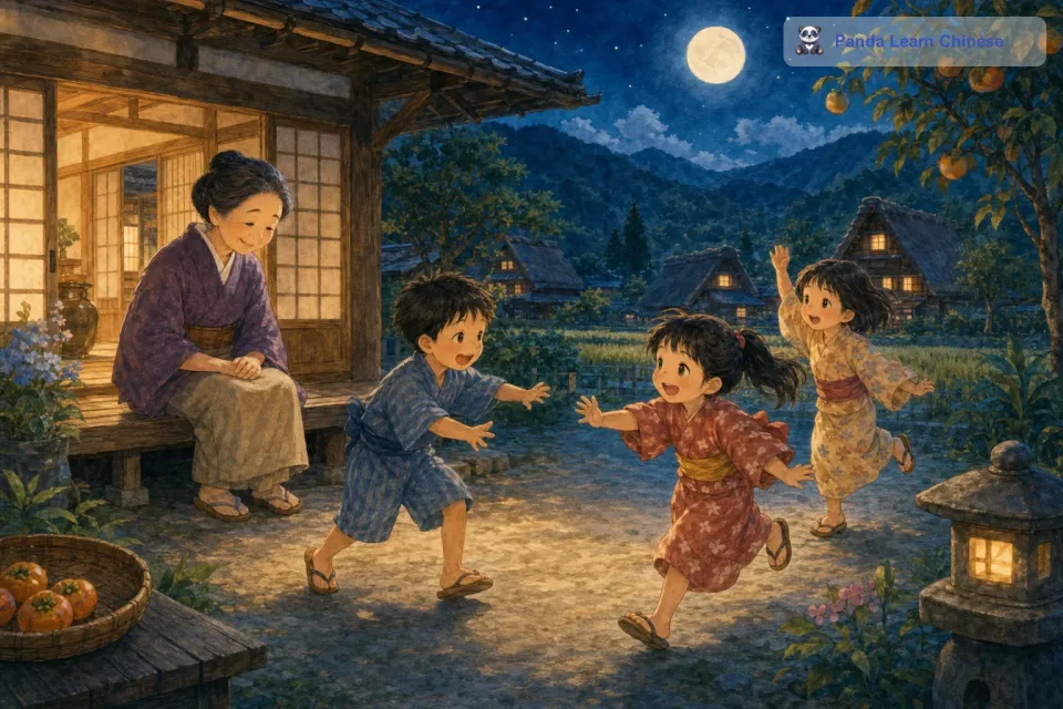 吃完饼干后，孩子们跟着老奶奶来到了院子里。此时，月亮已经高高地挂在天上，银色的月光洒在院子里。孩子们在院子里跑来跑去，玩起了游戏。