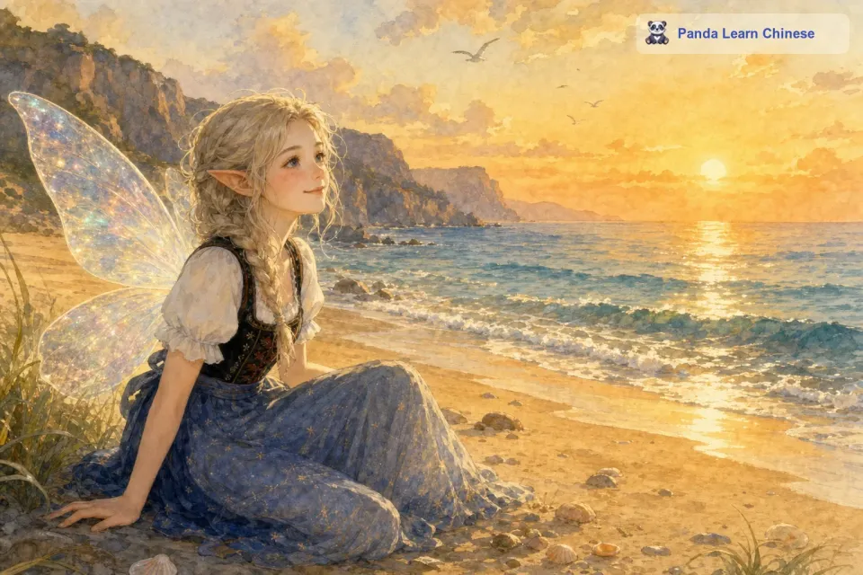 柔和的海浪轻轻拍打着沙滩，海风轻轻拂过精灵的脸庞。它感受着地球的美丽与宁静，心中充满了感动。在这一刻，它觉得地球是一个充满魅力和温暖的地方。