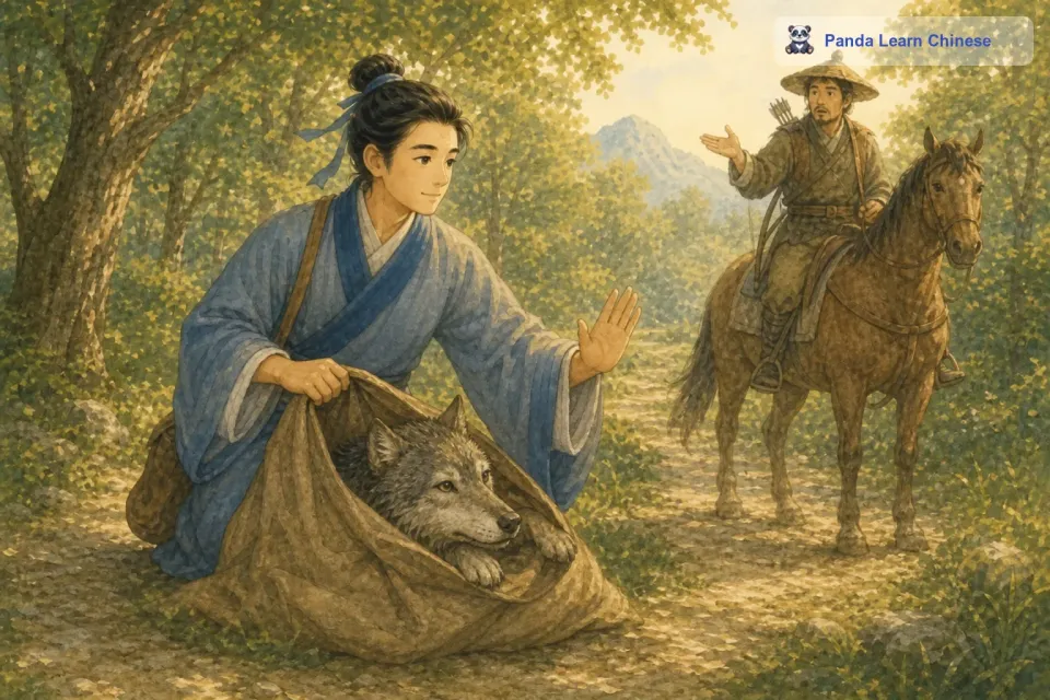 东郭先生把狼小心翼翼地装进袋子，还把袋口系得紧紧的。不一会儿，猎人追了过来，问东郭先生有没有看到一只狼。东郭先生摇了摇头说没有。猎人看东郭先生是个读书人，就相信了他的话，骑着马离开了。