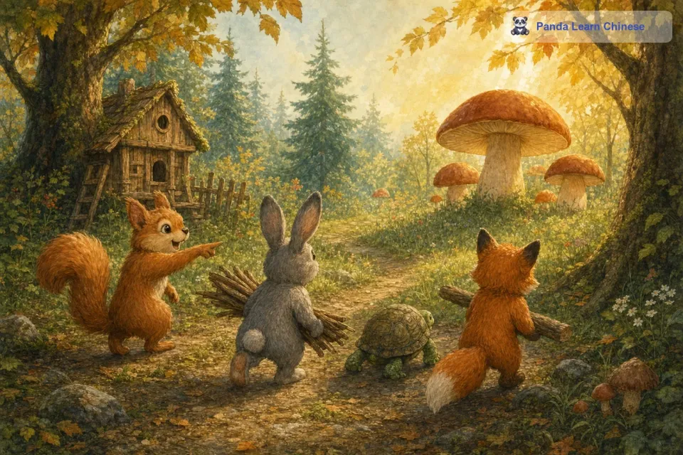 小松鼠说：“我知道森林里有一片地方长着很多大大的蘑菇，我们可以用蘑菇来建造房子。大家都觉得这个提议很不错，于是就朝着那片蘑菇地出发了。