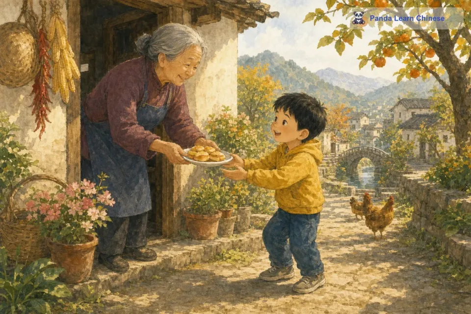 过了几天，李奶奶做了她最拿手的点心。她想着小明这个好孩子帮了自己，就把点心装在一个盘子里，颤颤巍巍地走到小明家。小明啊，奶奶做了点心，你尝尝。小明开心地接过点心说：“谢谢李奶奶。